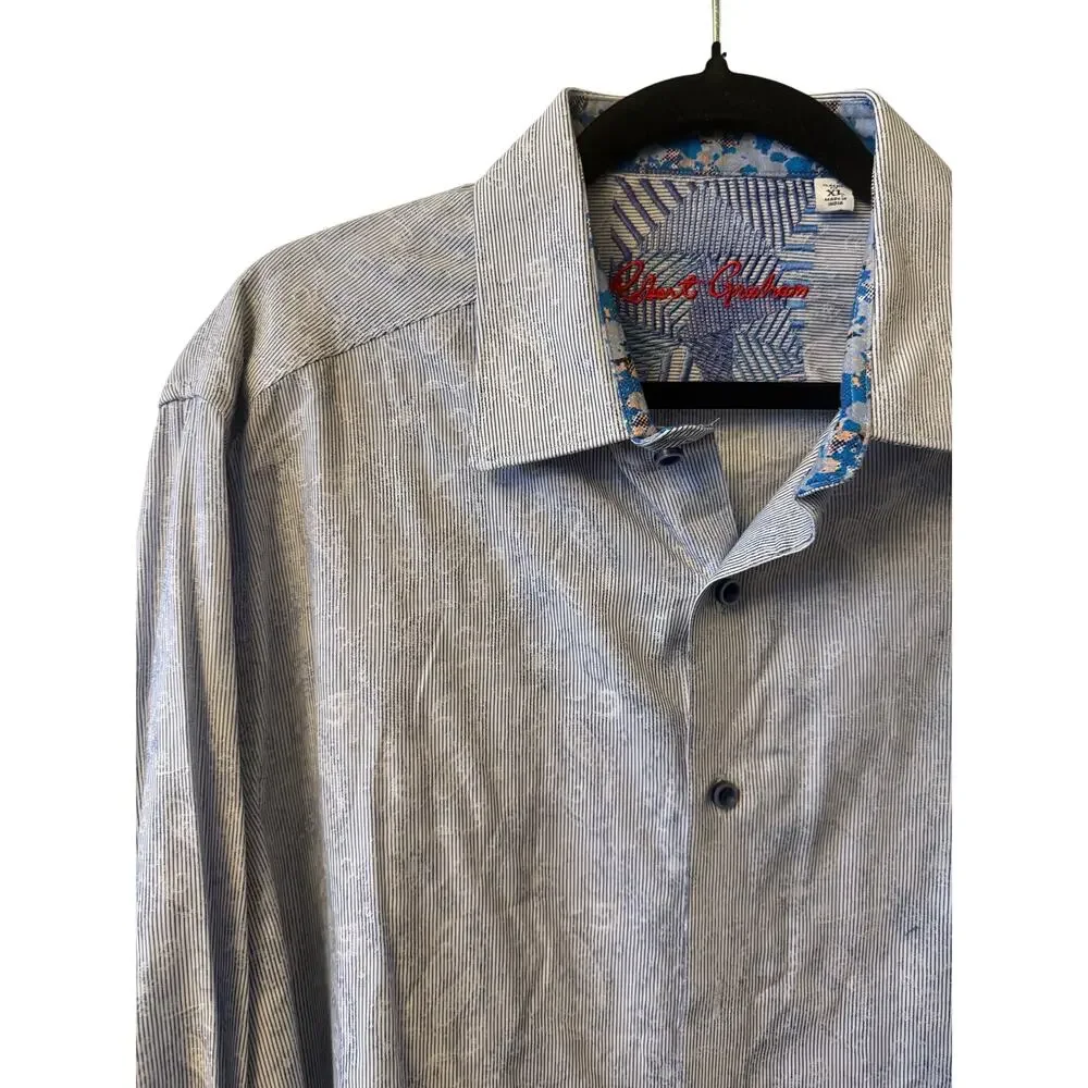 Robert Graham Shirt Men's XL 100% Cotton Contrast Cuff Paisley Micro Stripe Blue